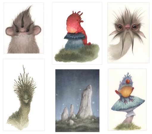 six paintings on a white background. Each depicts a creature except one which is a picture of standing stones at night surrounded by orbs of light.