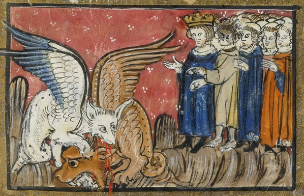 Medieval illustration of the white dragon defeating the red dragon.