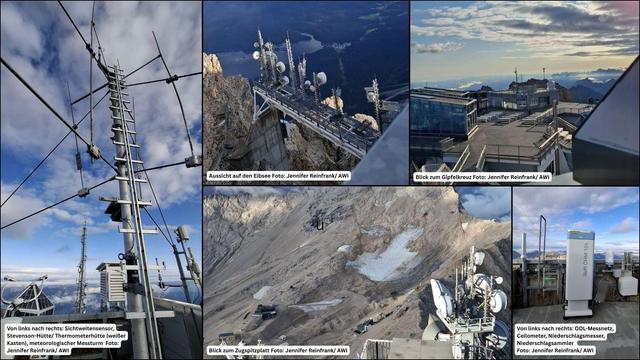 Bild links: Von links nach rechts: Sichtweitensensor, Stevenson-Hütte/ Thermometerhütte (weißer Kasten), meteorologischer Messturm  Foto: Jennifer Reinfrank/ AWI
Bild Mitte oben: Aussicht auf den Eibsee Foto: Jennifer Reinfrank/ AWI
Bild Mitte unten: Blick zum Zugspitzplatt Foto: Jennifer Reinfrank/ AWI
Bild rechts oben: Blick zum Gipfelkreuz Foto: Jennifer Reinfrank/ AWI
Bild rechts unten: Von links nach rechts: ODL-Messnetz, Ceilometer, Niederschlagsmesser, Niederschlagsammler Foto: Jennifer Reinfrank/ AWI