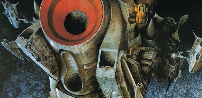 this is a probably a painting of the rear end of a spaceship, seen from behind and below it.  It seems to be representing something realistic but the there are several different sizes and collections of rocket jets and outlets that seem to be haphazardly assembled and it doesn't seem like it could possibly work, as a propulsion system.  There are two arms sticking out to which are docked smaller spaceships, and there is another one docked against the hull