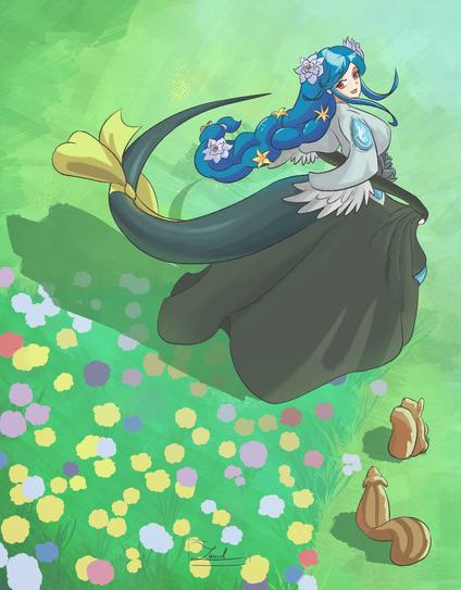 Fan art of Queen Dizzy leaving behind a trail of flowers in an open field, even having an audience of two curious squirrels.