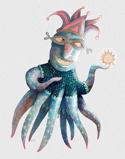 On a bright white background, an electric blue octopus-like creature floats, gazing with good humor at a glowing sun balanced on the end of one tentacle. Dressed in his best polka-dot shirt and jesters hat, he has just told one of his favorite jokes and is waiting for her giggle.