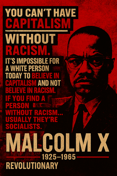 "You can't have capitalism without racism! It's impossible for a white person today to believe in capitalism and not believe in racism. If you find a person without racism [...] usually they're socialists."

Malcolm X
May 19, 1925 - February 21, 1965