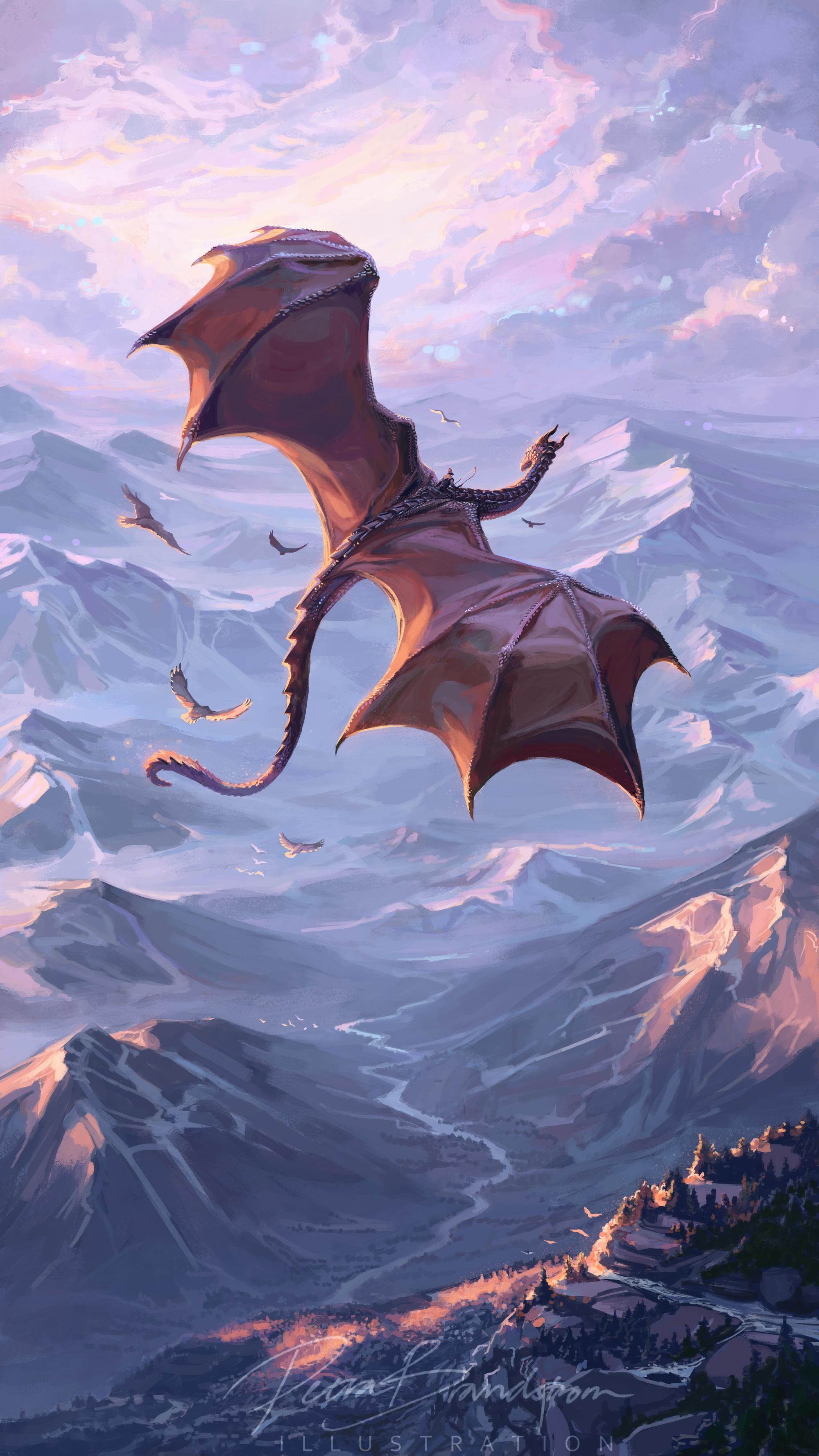 Flying Dragon, digital artwork by Petra Brandström (2025). A dragon's flying over a mountain range in the low light of a winter sun. A rider with a bow and arrows on the dragon's back is looking ahead towards the horizon. Birds are flying with them. Art made in Krita.