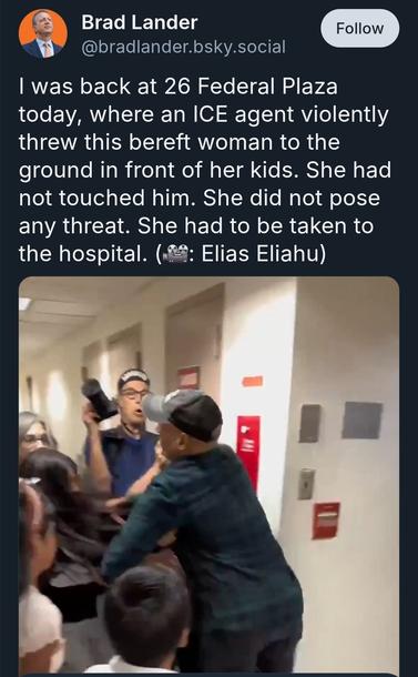 Screenshot from bluesky video.

Brad Lander @bradlander.bsky.social
Follow
I was back at 26 Federal Plaza today, where an ICE agent violently threw this bereft woman to the ground in front of her kids. She had not touched him. She did not pose any threat. She had to be taken to the hospital. (: Elias Eliahu)