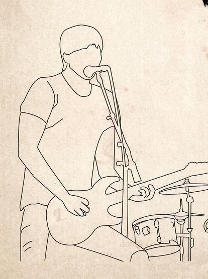 A black and white outline of a guitarist standing at a microphone stand.
