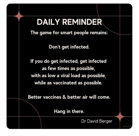 DAILY REMINDER:

The game for smart people remains:

Don't get infected.

If you do get infected, get infected as few times as possible, with as low a viral load as possible, while as vaccinated as possible.

Better vaccines & better air will come.

Hang in there.

— Dr David Berger