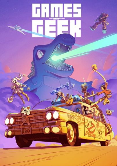 L’image est une illustration haute en couleur, débordante d’énergie et de références à la pop culture geek :
- 🚗 Voiture jaune customisée : Au centre, une voiture jaune couverte de graffitis et de stickers geek, dont des clins d’œil à Doom, Ghostbusters, et un visage de chat. La plaque d’immatriculation affiche “2025”, ancrant l’action dans un futur proche.
- 🧑‍🚀 Personnages extravagants : À bord et autour du véhicule, des personnages en costumes colorés, certains armés de gadgets ou en pleine action. Ils évoquent des héros de jeux vidéo, de comics ou de films cultes.
- 🦖 Créature fantastique : Au-dessus de la scène, un énorme dinosaure bleu aux yeux et à la bouche luminescents tire un rayon laser, ajoutant une touche de science-fiction spectaculaire.
- ✈️ Action aérienne : Des personnages volants et des engins dans le ciel renforcent le dynamisme et l’ambiance de chaos organisé.
- 🌅 Paysage surréaliste : L’arrière-plan mêle nuages et ciel dégradé violet-orange, créant une atmosphère onirique et électrique.
- 🏁 Titre en haut de l’affiche : En lettres blanches audacieuses, “GAMES OF GEEK” annonce clairement le thème : une célébration débridée de la culture geek sous toutes ses formes.