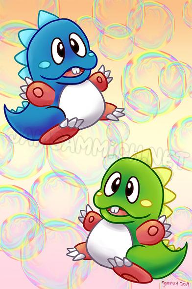 A digital illustration of two bubble dragons named Bub and Bob from the game Bubble Bobble floating among bubbles.