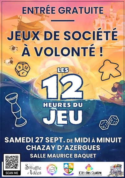 🎨 Visuel de l’affiche :
- Des illustrations colorées et thématiques : un navire pirate, un désert avec un chameau, un mage, des dés, un meeple, un pion…
- Ces éléments évoquent les différents univers explorés dans les jeux de société : aventure, fantasy, stratégie, exploration.