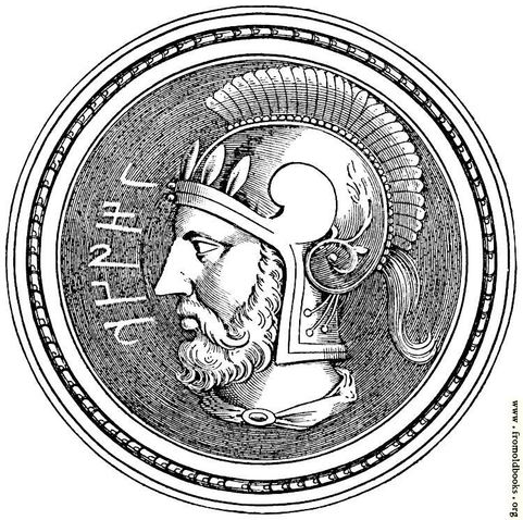 Hannibal (247 – 183 B.C.)

A man’s head and neck are depicted in this black and white engraving, complete with pupils in his eyes, from one side. looking to our left. he wears a helmet with a “Mohican” crest from front to back and feathers (perhaps of metal) in the front. He has a combed beard and moustache, which is long at the sides and curls down and then back. Abouthis neck a broach-fastened toga.

Some writing (Cyrillic?) on the background of concentric circles, in front of his face.

This appears to be from an old coin or medal.
