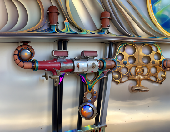 A few well-used mechanical pipes and controls, welded together with exotic glowing alien elements integrated into an iridescent metallic structure, possibly of use as plumbing but maybe not.