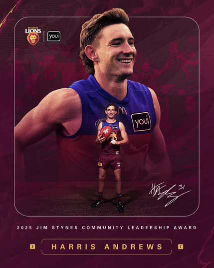 Image of Brisbane Lions co-captain, Harris Andrews, for winning the 2025 Jim Stynes Community Leadership Award