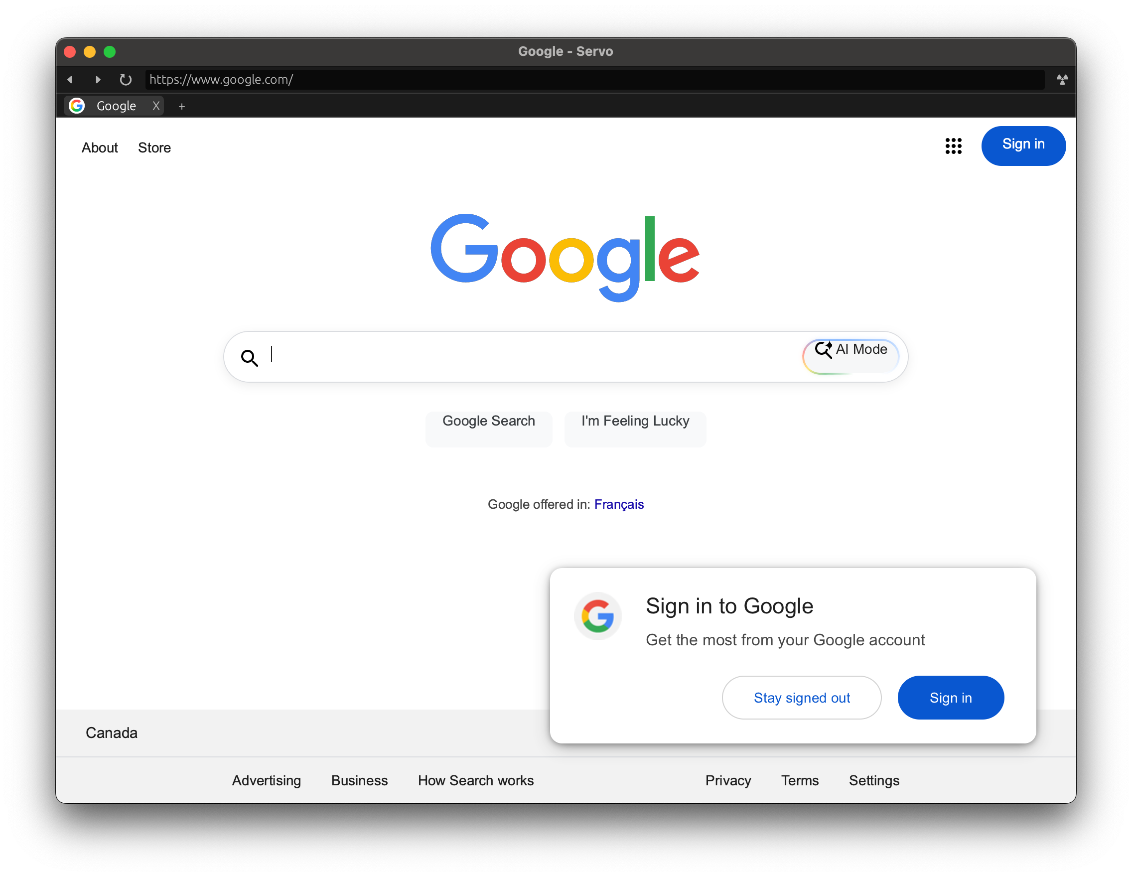 Google landing page in servoshell, with the logo visible via inline SVG rendering