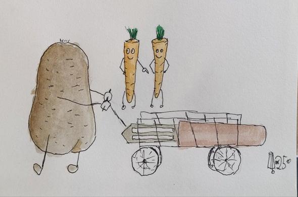 Zeichnung, Tuschestift Aquarell: eine Kartoffel, die einen Handwagen zieht auf dem ein Kartoffelschäler liegt. Im Hintergrund zwei lästernde Karotten, eine zeigt auf den Wagen.