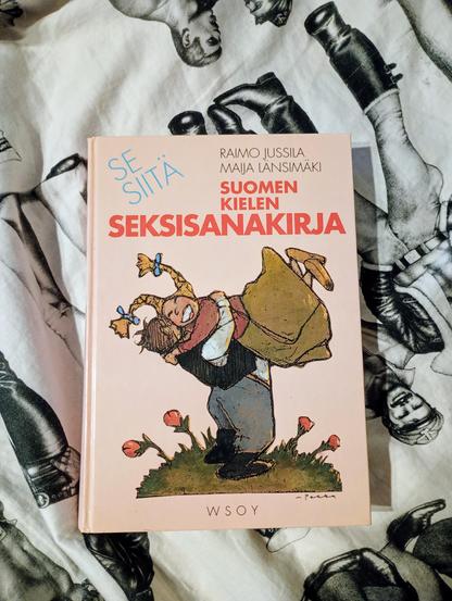 Kuvassa kirja "Se siitä: Suomen kielen seksisanakirja" Tom of Finland lakana taustanaan.