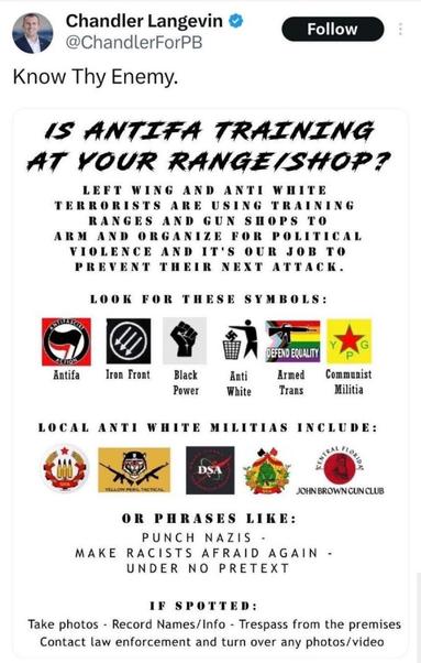 Shitpost by Chandler Langevin in which he claims several antifascist groups are "anti-white terrorists"
