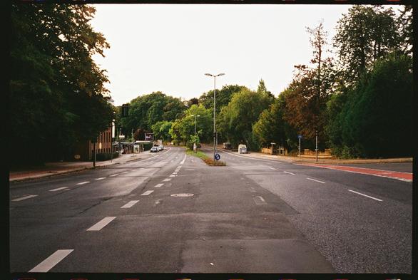 A broad, empty street stretches into the distance between tall trees, their late-summer leaves tinged with early autumn hues. The asphalt is damp and faintly reflective under a pale sky. Parked cars line the left side beside a bus stop, while lampposts stand along the center strip. Black 35 mm film border visible. (Photo by me, CC-BY-4.0, Adox Color Mission @ EI 160, Zeiss Biogon 35 mm f/2.8 1950s)