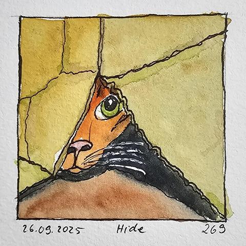 Aquarell: Unter einem umgedrehten Karton schaut eine gut versteckte rotgetigerte Katze hervor. Man sieht nur das Schnäuzchen, die rosa Nase und ein Auge.

Watercolor: A well-hidden red tabby cat peeks out from under an upturned cardboard box. You can only see the little snout, the pink nose and one eye.