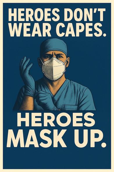 An illustration featuring a healthcare professional in surgical attire, wearing a respirator and gloves. The text reads, "Heroes don't wear capes. Heroes mask up." The background is dark blue, emphasizing the message of heroism through safety and protection.