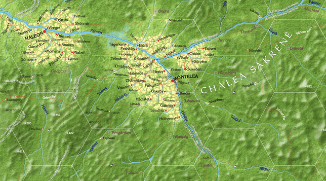 Screencap of a map section showing settled area to the north, but green hills with few or no settlements to the south.
