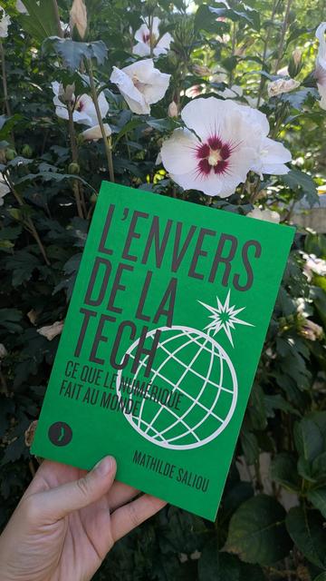 Couverture de L'Envers de la tech, Ce que le numérique fait au monde, à paraître le 3 octobre 2025 aux éditions Les Pérégrines. Le livre est tenu devant un altéa en fleurs.