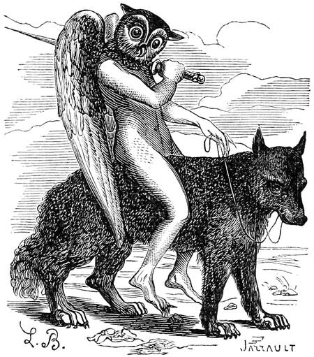 The demonic marquis Andras astride a wolf and carrying a sword. Illustration by Louis le Breton.