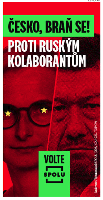 Rudočerný banner zadaný koalicí Spolu, kde je Okamura s Konečnou. Na banneru je nápis "Česko braň se proti ruským kolaborantům. Volte Spolu"