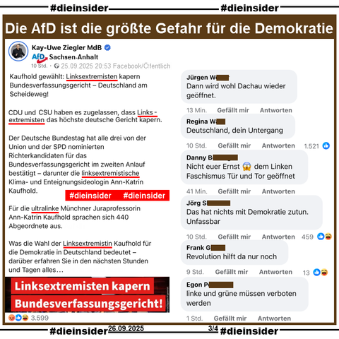 Kay-Uwe Ziegler MdB der AfD in Sachsen-Anhalt teilt öffentlich ein Bericht mit u.a. "

"Kaufhold gewählt: Linksextremisten kapern Bundesverfassungsgericht – Deutschland am Scheideweg!", "Linksextremisten.", "linksextremistische Klima- und Enteignungsideologin Ann-Katrin Kaufhold.", "ultralinke Münchner Juraprofessorin Ann-Katrin Kaufhold." und "Linksextremistin Kaufhold."

Dazu zeigen wir u.a. die Kommentare 

"Dann wird wohl Dachau wieder geöffnet.", "Deutschland, dein Untergang.", "Nicht euer Ernst dem Linken Faschismus Tür und Tor geöffnet.", "Das hat nichts mit Demokratie zutun. Unfassbar.", "Revolution hilft da nur noch.", "linke und grüne müssen verboten werden."