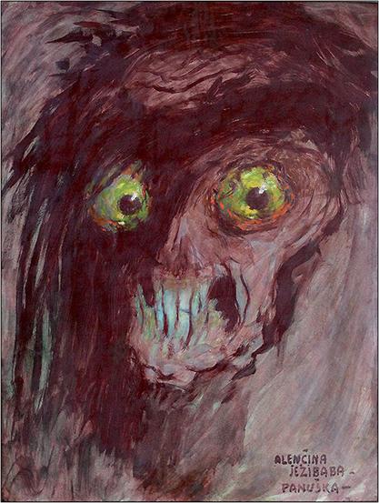 A hideous painting by Jaroslav Panuska of a skull-like face with huge green eyes.