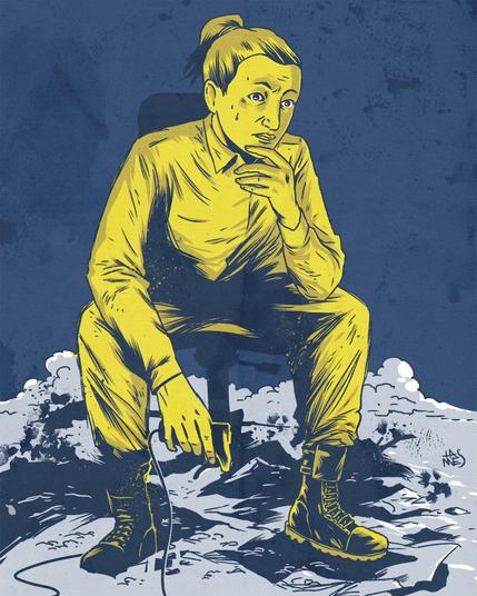 A woman in a jumpsuit holding a joystick/controller, sitting in the middle of rubble
The style is dirty and textured and the colours are reduced to just blue and yellow tones.