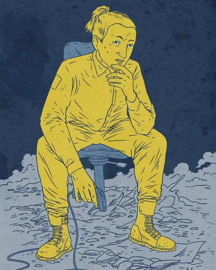 A woman in a jumpsuit holding a joystick/controller, sitting in the middle of rubble
The style is leaning towards ligne claire, but with some textures applied. The colours are reduced to just blue and yellow tones.