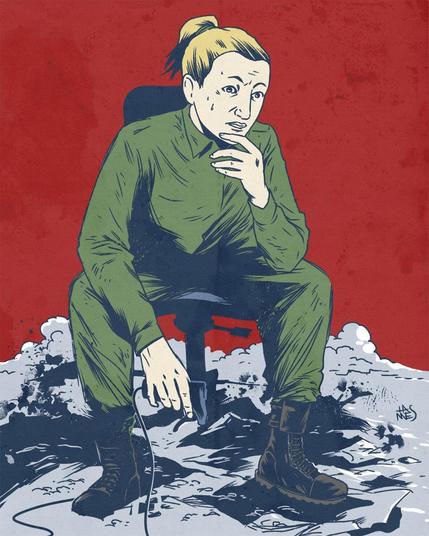 A woman in a jumpsuit holding a joystick/controller, sitting in the middle of rubble
The style is dirty and textured.
