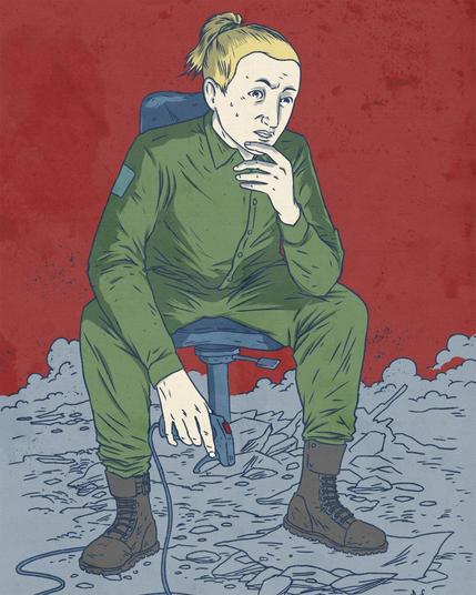 A woman in a jumpsuit holding a joystick/controller, sitting in the middle of rubble
The style is leaning towards ligne claire, but with some textures applied.