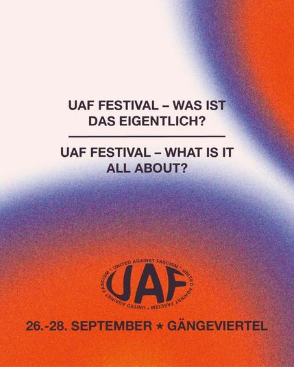 Sharepic des FEstivals
"UAF Festival - Was ist das eigentlich? -- UAF Festival - what is it all about?"
Darutner das Logo des UAF und das Datum: 26.-28. September, Gängeviertel