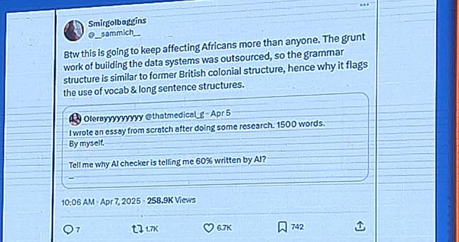 A screenshot from a presentation. the slide says: 

"I wrote an essay from scratch after doing some research, 1.500 words. Tell me why AI checker is telling me 60% written by AI?"