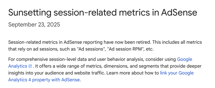 Google AdSense dropped session-related metrics