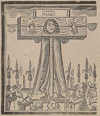Illustration accompanying the c. 1686 broadside ballad “Perjury Punish’d with Equal Justice; or, Miles Prance”; engraving of a man in 17th-century dress in a pillory with the words, “Perjury, Perjury” displayed over his head