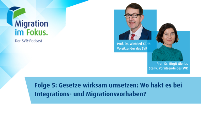 Auf dem Bild sehen Sie zwei Fotos von Prof. Kluth und Prof. Glorius sowie den Titel der 5. Podcastfolge "Gesetze wirksam umsetzen: Wo hakt es bei Integrations- und MIgrationsvorhaben?"