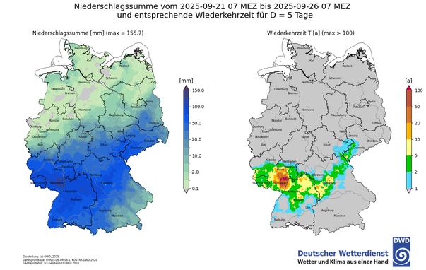 An den Post ist eine Abbildung mit zwei Deutschlandkarten angehangen. Die linke Karte zeigt die Niederschlagsverteilung mit den höchsten Werten in der Mitte und im Süden Deutschlands . Die rechte Karte zeigt die Wiederkehrzeiten, wobei die höchsten mit über 100 Jahren bei Mannheim und Ludwigshafen aufgetreten sind.