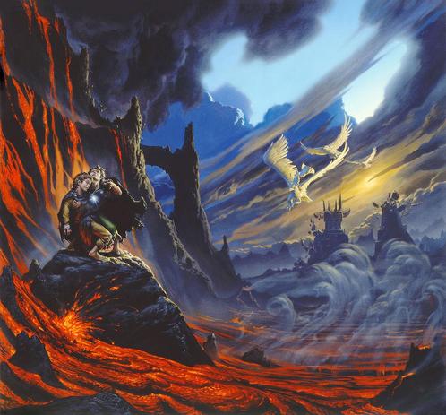 With an arm draped over his shoulder, Samwise Gamgee props up an exhausted Frodo. The barefooted hobbits take refuge on a rock surrounded by burning orange lava flows. Sam cranes his neck, searching the skies in desperation as their shrinking island is about to be consumed. Dangling from a chain, Galadriel's gift flares in a brilliant starburst over Sam’s chest. The sun seems to be struggling to gain foothold burning through layers of despair as a patch of blue suddenly opens in the roiling gray skies over Mordor. Behind them, a trio of huge white eagles soar down at the last moment, swooping in with wings bathed in warm light and spread wide to glide over thermals of curling steam.