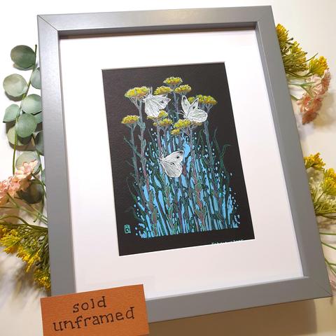 A drawing of 3 Cabbage White butterflies perched on tall yellow flowers with a blue background to the lower area of the composition. The drawing is on Black paper.
The Cabbage White butterfly is a species that thrives in diverse habitats, these small to medium-sized white butterflies with dark wingtips and spots are a familiar sight, fluttering in abundance during late spring and summer.
An original art work
Colour pencil and mixed media on acid free toned artist paper
5 by 7 inches (12.7 by 17.8 cm).
Sold unframed