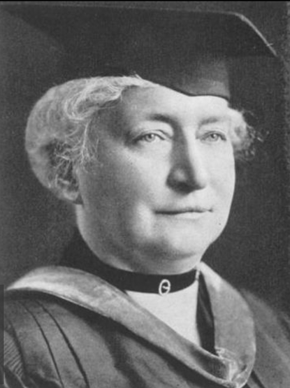 Louise Hortense Snowden, from a 1924 publication; a white woman with white hair, wearing academic cap and gown, and a distinctive black choker