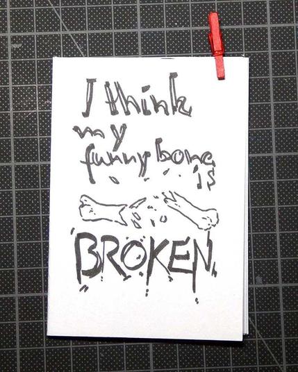 Cover for the black and white minizine My funnybone is broken, a rant about gender tropes on tv