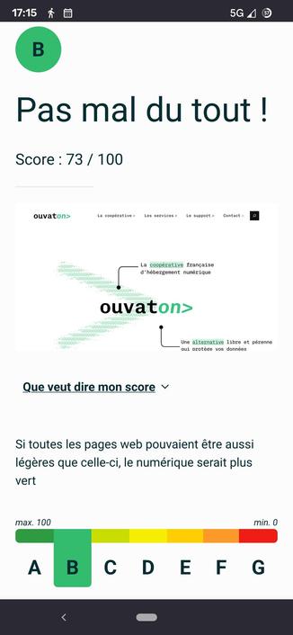 page résultat du site ecoindex.fr affichant B et le logo ouvaton