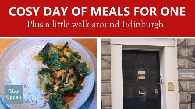 The image features two sections: the left side shows a plate of rice with a broccoli and green bean curry, while the right side displays a black door with a brass plaque and house number in an architectural setting.