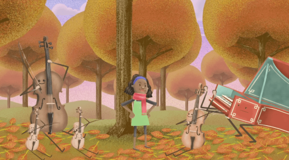 Animated scene showing personified string instruments (cello, violins, and viola) alongside a young girl named Mia and a harpsichord in an autumn forest setting with orange and yellow foliage.