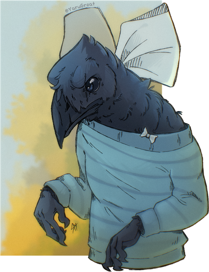 Not very happy she-Kenku, wearing a cute striped sweater and with a huge white bow