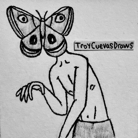 A shirtless man with a Polyphemus moth for a head