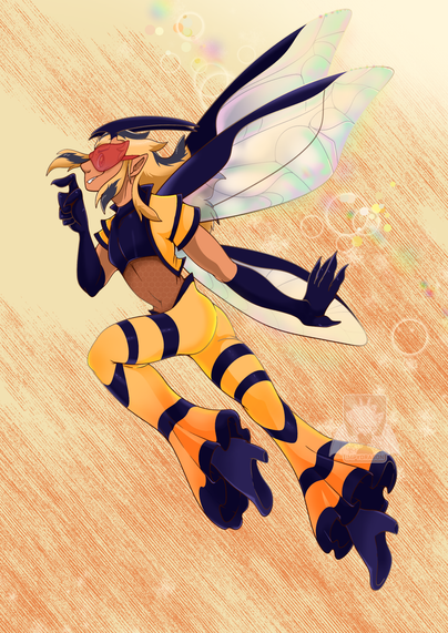 a slim man dressed like a mega beedrill, he has bug wings on his back and flies high. The sun catching on his wings making it shine.
